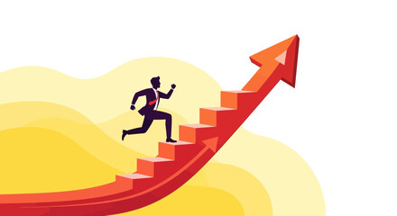 Businessman climbing stairs shaped as an arrow representing business growth and success