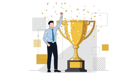 Businessman Celebrating Success with a Trophy and Confetti, Achieving Goals, Reward Winning