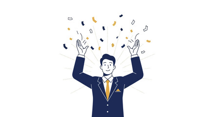 Businessman Celebrating Success With Confetti Floating In The Air On White Background