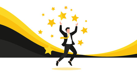 Businessman Celebrating Success With Golden Stars Amidst Yellow and Black Abstract Design
