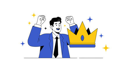 Businessman Celebrating Success With Golden Crown Symbolizing Achievement and Victory