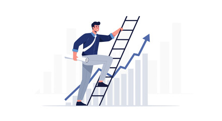 Businessman climbing a ladder to success with a growth chart illustration business concept