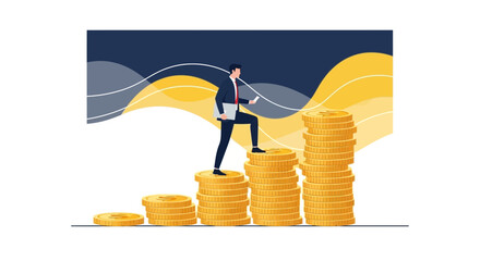 Businessman Climbing a Stack of Coins Representing Financial Growth and Success