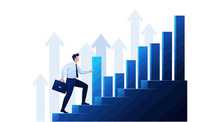 Businessman Climbing a Staircase to Financial Success with Increasing Bar Graphs