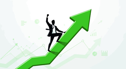 Businessman Climbing Exponential Growth, Achieving Financial Success, Demonstrating Triumph