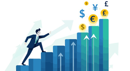 Businessman Climbing Financial Stairs Above Currency, Success, Growth, Investment, Strategy