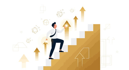 Businessman climbing golden stairs representing success and achieving goals in business