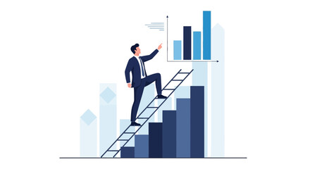 Businessman Climbing Ladder Towards Financial Success Shows Growth And Business Progress