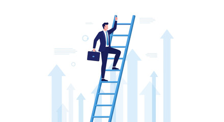 Businessman Climbing Ladder Towards Success, Rising Above the Competition and Achieving Goals