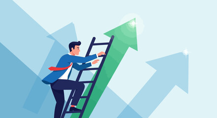Businessman climbing ladder towards success and upward growth, business concept illustrated