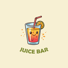 Vibrant juice bar logo with a glass of colorful fruit juice and a straw, symbolizing fresh drinks, healthy beverages, and refreshment, ideal for cafes, bars, or healthy food establishments.

