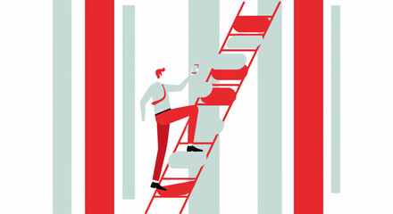 Businessman Climbing Ladder While Using Smartphone Demonstrating Achievement Or Success