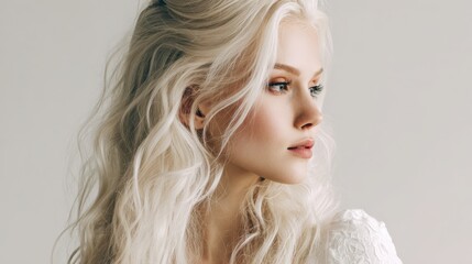 Elegant Portrait of a Young Woman with Long, Flowing Hair and Soft Makeup, Capturing a Serene and Dreamy Expression Against a Minimalist Background