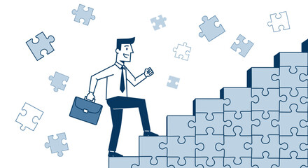 Businessman climbing puzzle stairs representing success in business and career growth