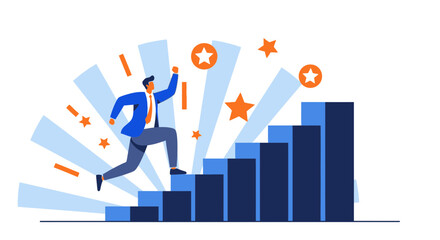 Businessman Climbing Staircase of Success, Motivational Illustration Depicting Progression