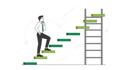 Businessman climbing stairs and analyzing a ladder to reach goals and success in business