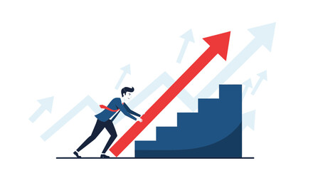 Businessman Climbing Stair With The Red Arrow Promoting Business And Finance Success