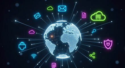 Global network with connected digital icons around a glowing earth globe. Concept of worldwide communication, data exchange, internet, cloud and cyber security.