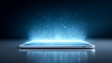 Tablet displaying a futuristic hologram emerging from the screen, set against a blue abstract background. 3D style with flat minimal design, high-resolution digital concept representing innovation and