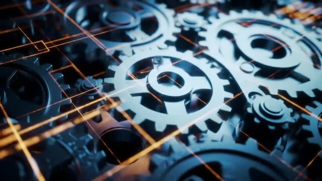 Metallic gears interlock and turn, connected by glowing lines, suggesting a complex mechanical system in motion.