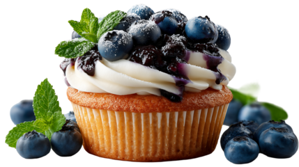 Blueberry cupcake topped with a cream swirl, isolated on a white background. Clean and appetizing composition, perfect for bakery, dessert, or food branding. 16:9 aspect ratio, stylized for realistic 