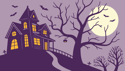 Vector Spooky Haunted Victorian House Halloween Scene