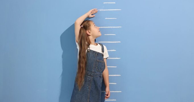 Little girl measuring her height near blue wall indoors