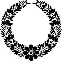 Obraz premium A black and white floral wreath design featuring roses and leaves in a circular arrangement. 