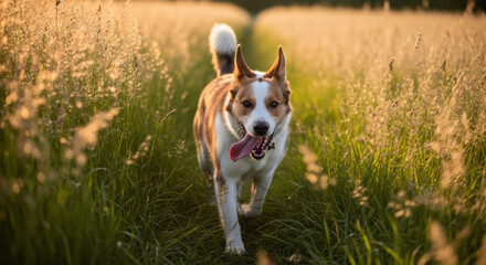 Happy dog running open mouth with tongue out through a field of tall green grass during golden hour. Pet animal enjoying nature concept.