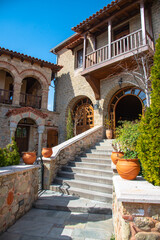 View of Meteora Monastery, Greece. Geological formations of big rocks with Monasteries  on top of them.
