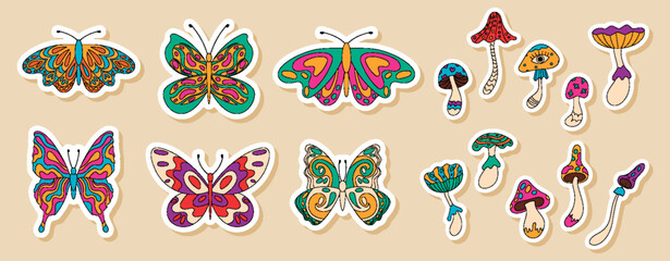 Groovy retro butterfly and mushroom sticker set in bright colorful orange, with psychedelic and trippy doodle style. Funky y2k set includes groovy elements for playful vintage decor. © Moonnoon