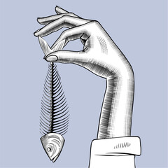 Woman's hand holding a skeleton of an eaten herring fish in her fingers. Vintage engraving stylized drawing. Vector illustration