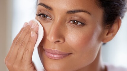A woman gently cleanses her face with a cotton pad in a well-lit bathroom. She shows a calm and focused expression enjoying her skincare routine.