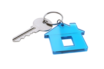 Silver house key with blue house shaped keychain isolated on transparent background