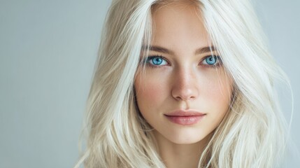 Naklejka premium A young woman stands in soft light her long blonde hair cascading around her shoulders. She gazes directly at the camera with bright blue eyes showcasing a serene expression.