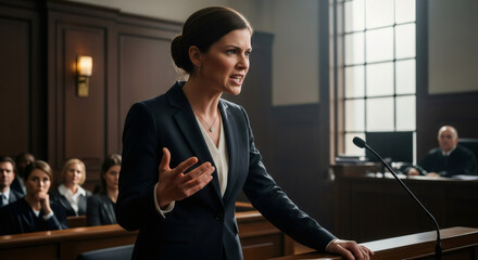 Woman lawyer addressing court. Female barrister arguing case in courtroom. Law and legislation concept for legal presentation.