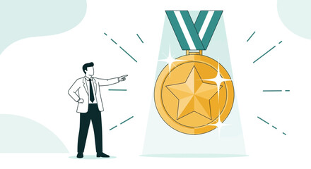Businessman points at gold medal achieving success and winning the achievement vector