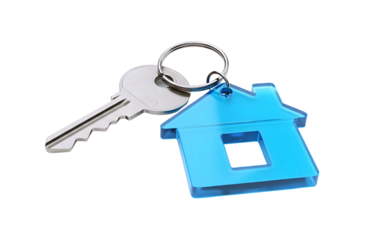 Silver house key with blue house shaped keychain isolated on transparent background
