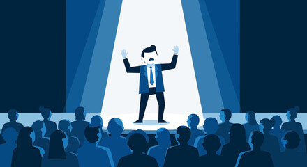 Businessman giving a presentation on a stage to an audience in cartoon illustration form