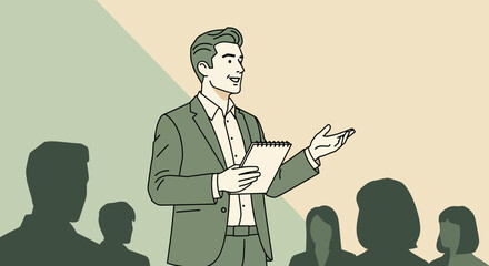 Businessman giving a speech or presentation to a group of people illustration