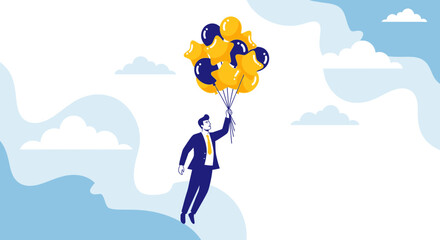 Businessman Soars Skyward With Balloons Symbolizing Ambition And Rising Successes