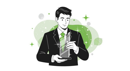 Businessman Holding Trophy, Illustration of Success and Achievement in Business