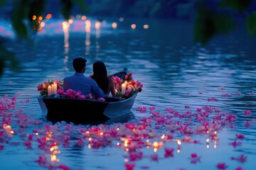 A romantic couple enjoys a peaceful boat ride on calm water at dusk, surrounded by soft candles and floating pink flower petals.