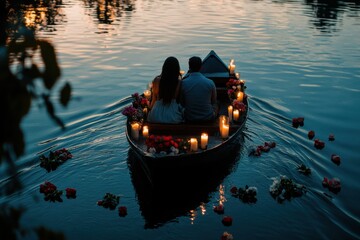 Obraz premium A peaceful couple enjoys a romantic boat ride, floating on tranquil water at evening, surrounded by glowing candles and scattered flowers.