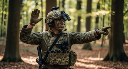 Caucasian man in camouflage uniform giving hand signals in a forest. Soldier giving tactical communication or direction concept for military training.