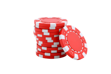 Stack of red and white casino poker chips leaning on a single chip isolated on transparent background