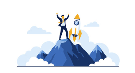 Businessperson Celebrates Success, Reaching Summit Beside Rocket, Symbolizing Triumph and Goals