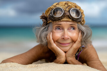 Senior woman lays on the beach