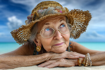 portrait of senior woman in hat on beach