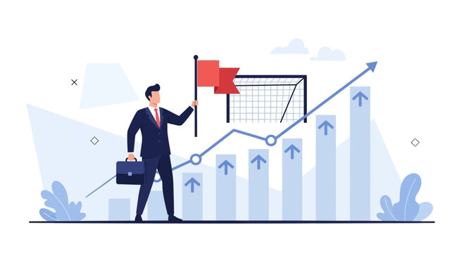 Businessperson Celebrating Achievement While Raising Flag Near Goal And Growing Graph Illustrating